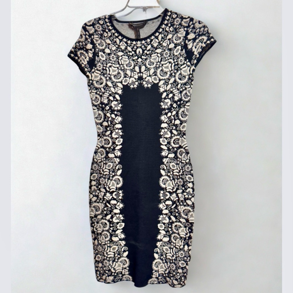 BCBGMAXAZRIA Elegant Black and White Patterned Dress Small